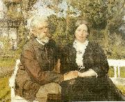 Julius Paulsen, laurits tuxen og hustru frederikke i haven ved villa dagminne i skagen